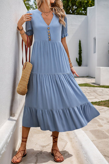 Grey Blue A Line V-Neck Long Summer Dress with Short Sleeves